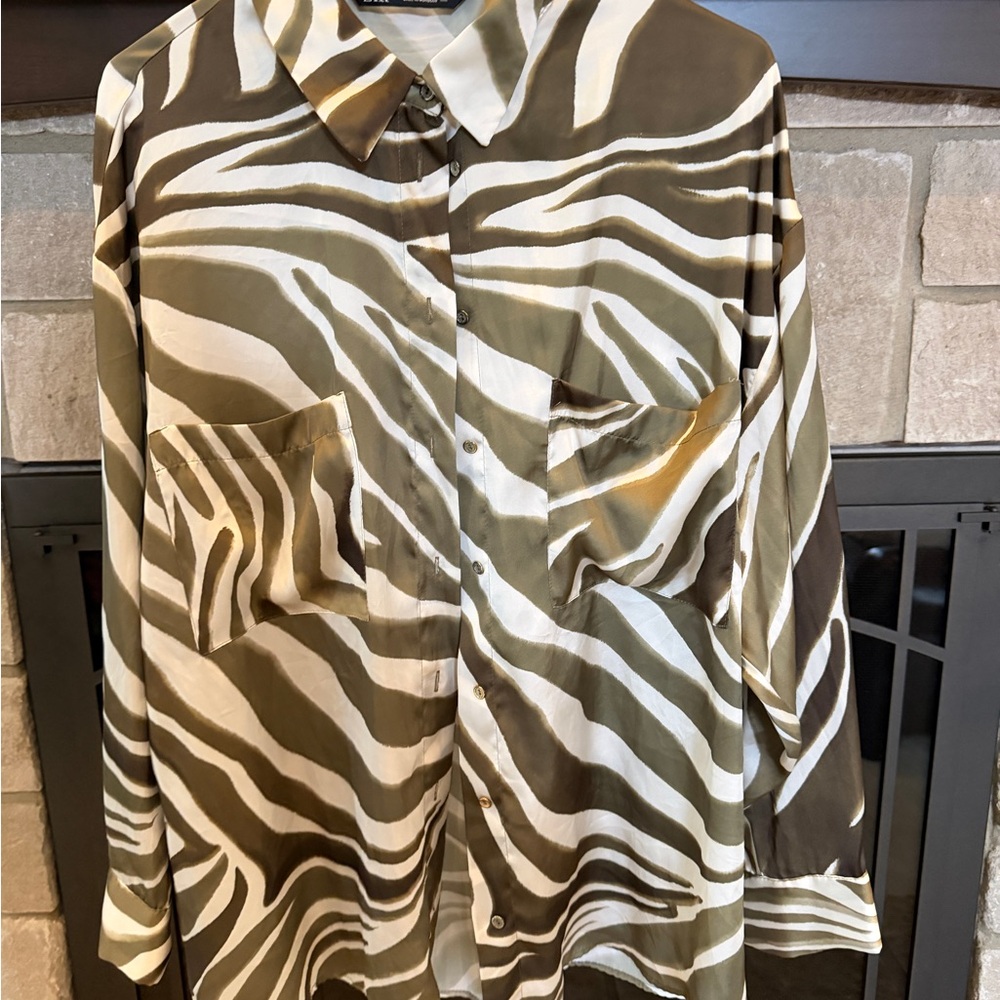 Zara Olive and White zebra silk Shirt